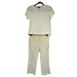 Theory Women's Cream Cotton Top And Linen Blend Pants Set Size Medium 6